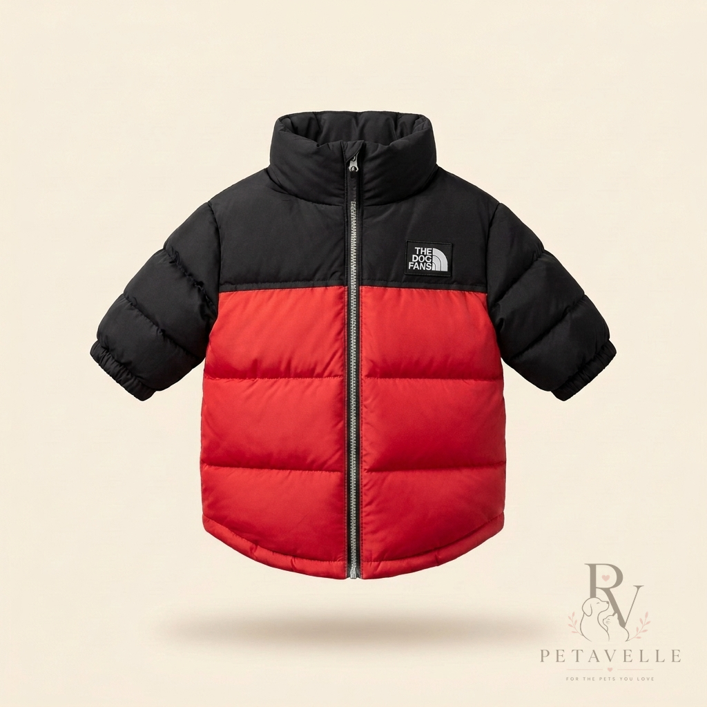Petavelle DogFans Jacket in True Red — dog puffer with black collar, yoke and sleeves