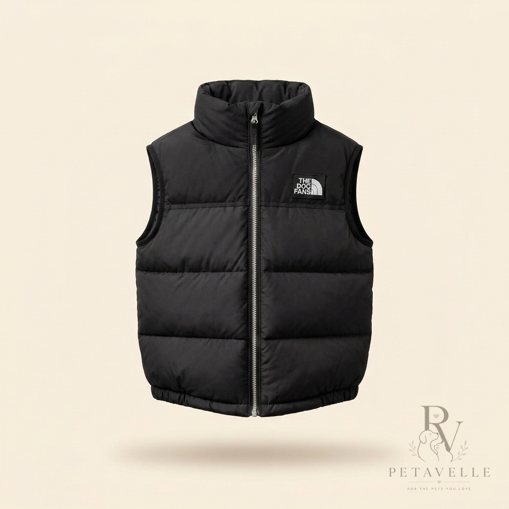 Petavelle DogFans in Black — sleeveless dog puffer vest with tall padded collar and silver centre zip