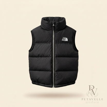 Petavelle DogFans in Black — sleeveless dog puffer vest with tall padded collar and silver centre zip