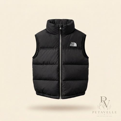Petavelle DogFans in Black — sleeveless dog puffer vest with tall padded collar and silver centre zip