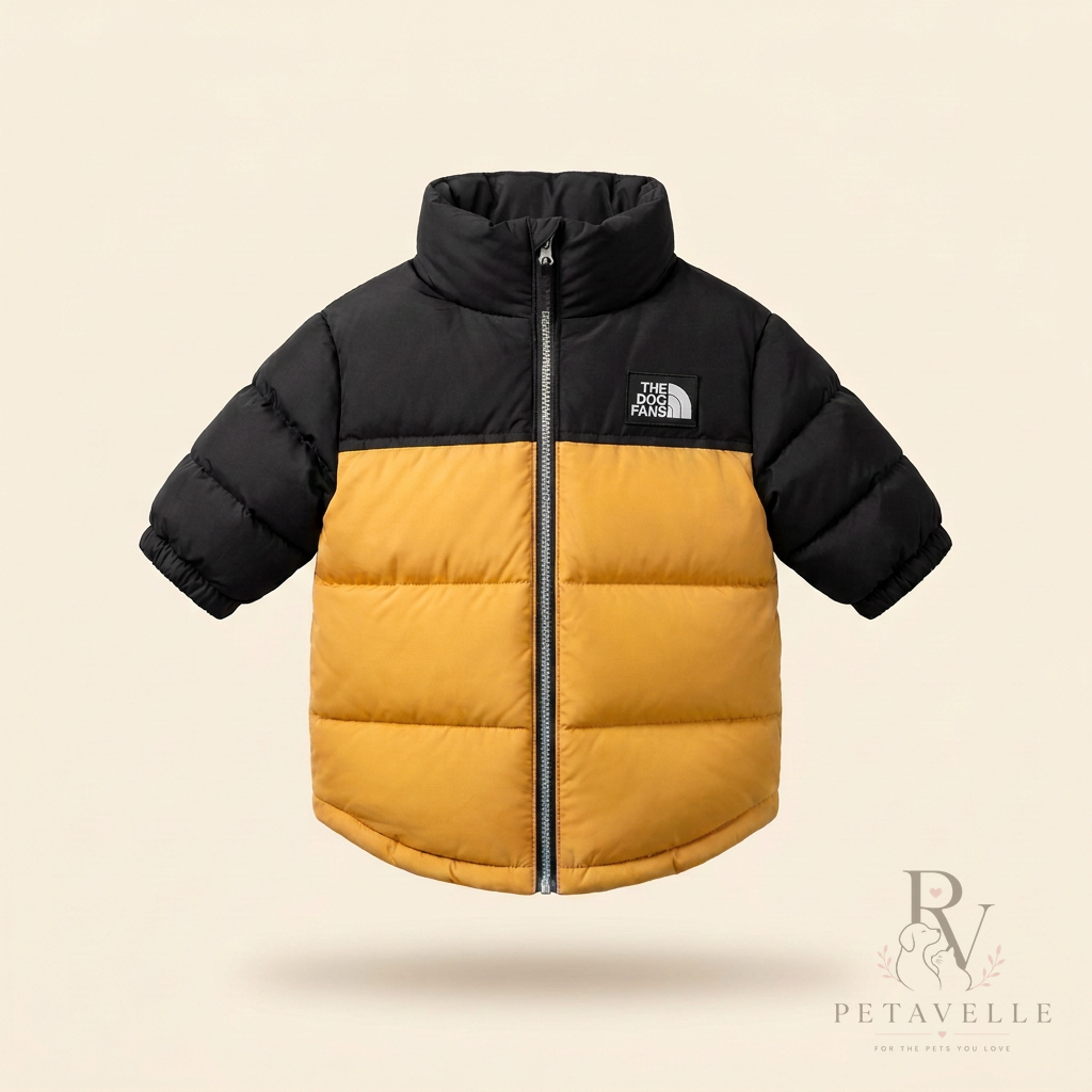 Petavelle DogFans Jacket in Golden Yellow — dog puffer with black collar, yoke and sleeves