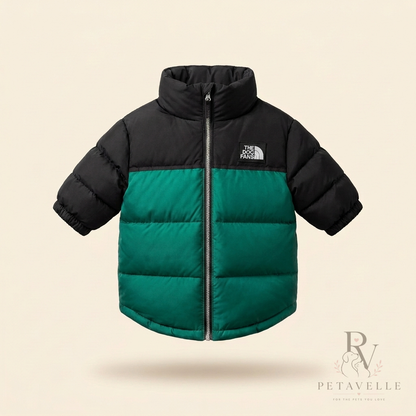 Petavelle DogFans Jacket in Emerald Green — dog puffer with black collar, yoke and sleeves