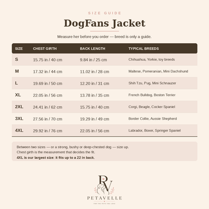 Petavelle DogFans Jacket size guide — chest girth and back length for sizes S to 4XL