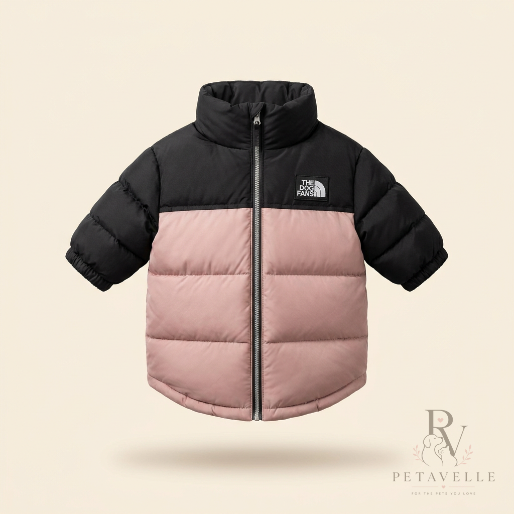 Petavelle DogFans Jacket in Blush Pink — dog puffer with black collar, yoke and sleeves