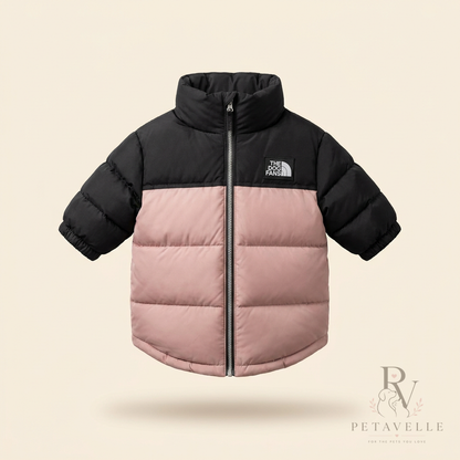 Petavelle DogFans Jacket in Blush Pink — dog puffer with black collar, yoke and sleeves